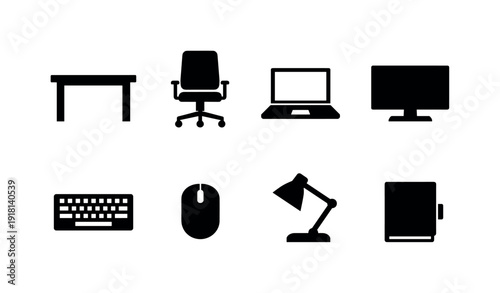 Office desk setup: office desk, office chair, laptop, monitor, keyboard, mouse, desk lamp, notebook