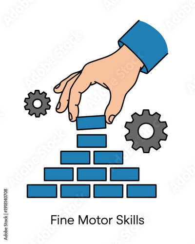 Hand placing blue block on top of blue brick wall with gray gears