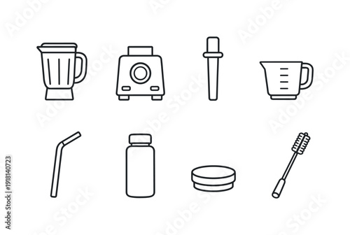 Kitchen smoothie tools: blender jar, blender base, tamper stick, measuring cup, reusable straw, storage bottle, lid cap, cleaning brush