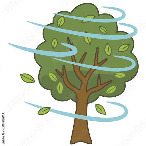 Cartoon tree with green leaves blowing in the wind outside