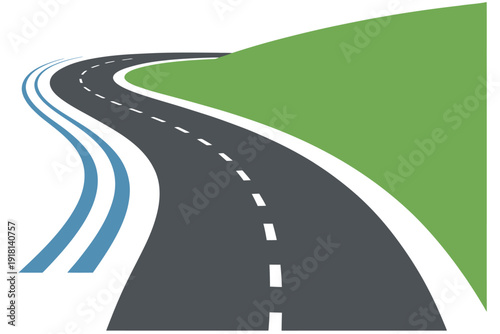 Curved asphalt road with white markings and green hill side  transportation infrastructure element