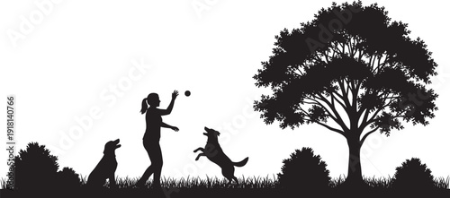 Serene Black Silhouette of a Young Woman Playing Fetch With Her Two Energetic Dogs Under a Large Oak Tree in a Peaceful Park Meadow