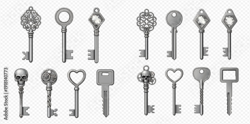 Collection of vintage and modern keys in various shapes and designs, including ornate, heart-shaped, and skull-decorated keys, isolated on a transparent background.