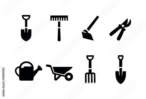 Home garden tools: shovel, rake, hoe, hand trowel, pruning shear, watering can, wheelbarrow, garden fork