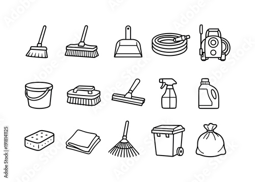 Home outdoor cleaning tools: broom, outdoor broom, dustpan, hose, pressure washer, bucket, scrub brush, squeegee, spray bottle, detergent bottle