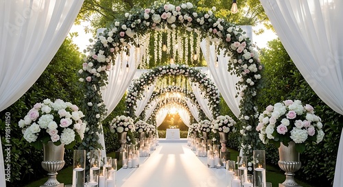Beautiful wedding aisle decorated with flowers and white drapes outdoors