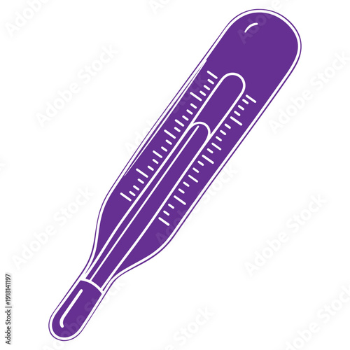 A detailed purple medical thermometer with a thin line indicating temperature measurement and markings for degrees isolated on a pure white background illustrating healthcare and wellness monitoring