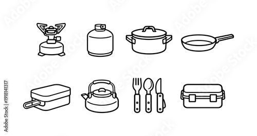 Outdoor camping cooking gear: camping stove, gas canister, cooking pot, frying pan, mess tin, camping kettle, utensil set, food container