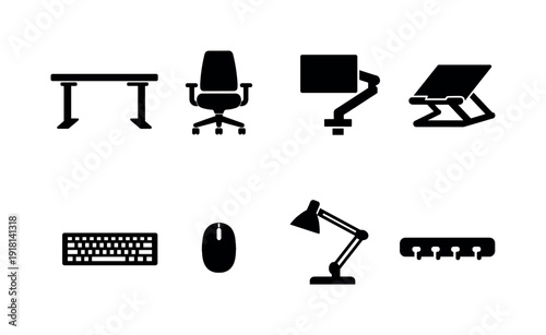Office ergonomic workstation essentials: adjustable desk, office chair, monitor arm, laptop stand, keyboard, mouse, desk lamp, cable organizer
