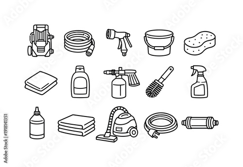 Car washing supplies: pressure washer, hose, spray nozzle, wash bucket, sponge, microfiber cloth, car shampoo bottle, foam cannon, wheel brush, tire