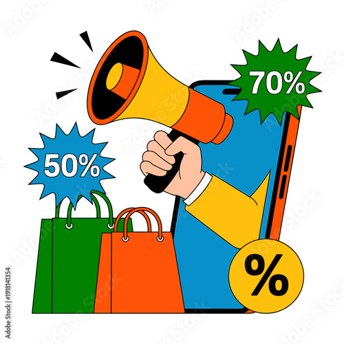 Cartoon hand holding megaphone with shopping bags and discount signs