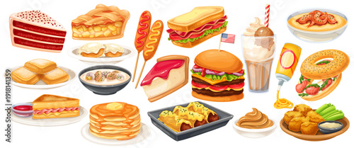 American Food Set with burger, hot dog, pancakes, cheesecake, corn dogs, milkshake, bagel, sandwich, fries, nuggets and sauces. American Food Set cartoon style, detailed fast food icons, vector illust