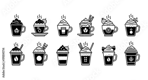 Set of various coffee and tea drinks with whipped cream toppings and straws  hot beverages