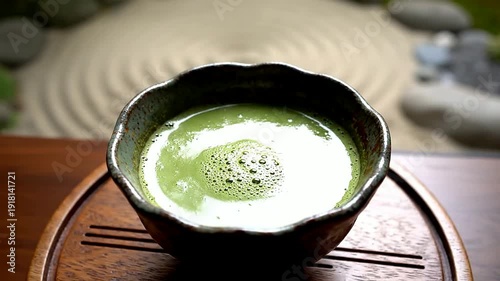 Close up of green liquid with bubbles sitting in bowl on a wood surface in a garden or Close up of liquid in dark bowl with bubbles on a wooden tray in a garden
