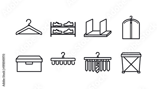 Home closet storage items: clothes hanger, shoe rack, shelf divider, garment cover, storage box, belt hanger, tie rack, laundry hamper