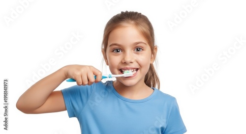Happy Young Girl Brushing Her Teeth with Blue Toothbrush for Daily Dental Hygiene Routine isolated on White Background