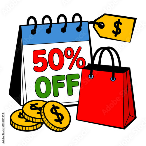 Cartoon illustration of shopping bag coins and calendar with fifty percent off sale sign