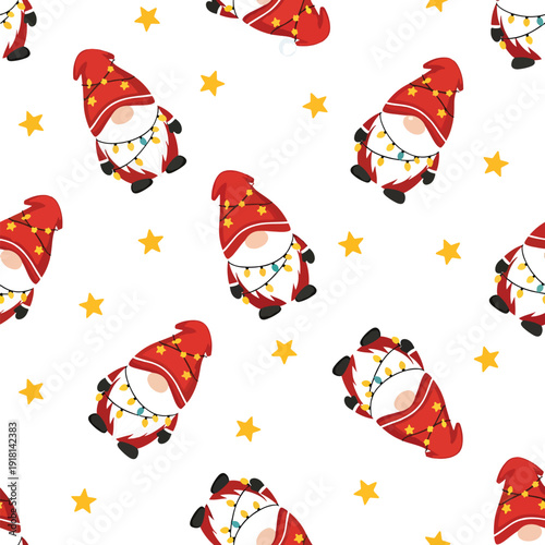 Whimsical Holiday Gnomes Seamless Pattern with Festive Lights and Stars - Cute Cartoon Illustration Background