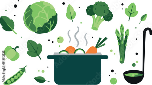 Set of Fresh Green Vegetables and Cooking Pot for Healthy Organic Soup Preparation