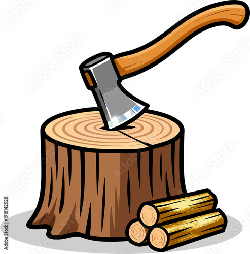 Cartoon Axe Stuck in Wood Stump with Firewood Logs Flat Vector Illustration