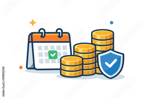 Retirement planning and long-term financial preparation for future security, a calendar paired with stacked coins and a small shield symbolizing