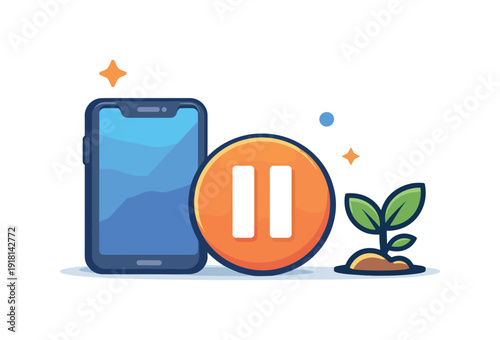 Healthy digital boundaries and mindful screen use in modern routines, a smartphone placed beside a pause icon and a small plant symbolizing reduced