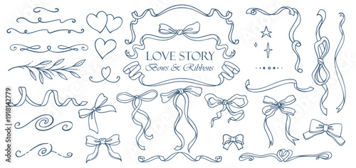 Bows and Ribbons set with outline bows, flowing ribbons, swirls, frames, hearts, stars and floral branches. Bows and Ribbons decorative elements for wedding invitations and cards. outline vector illus