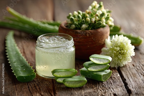 Aloe vera gel jar, leaves, and flowers on a rustic wooden table