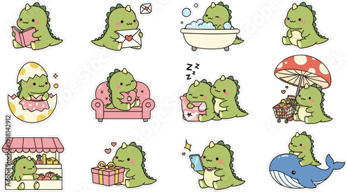 Cute baby dinosaur characters set with little dino reading book, in bathtub, sleeping, hatching and shopping on white background.
