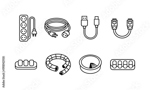 Office desk cable organization: power strip, extension cord, usb cable, ethernet cable, cable clip, cable sleeve, desk grommet, cord organizer