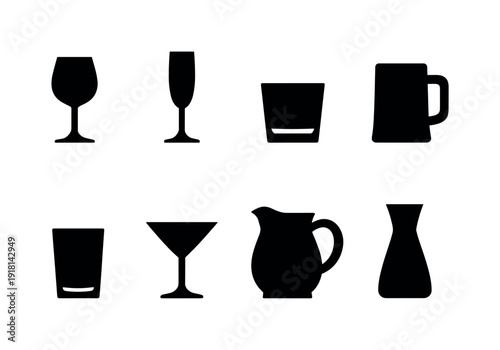 Kitchen drinkware: wine glass, champagne flute, whiskey glass, beer mug, water glass, cocktail glass, pitcher, carafe