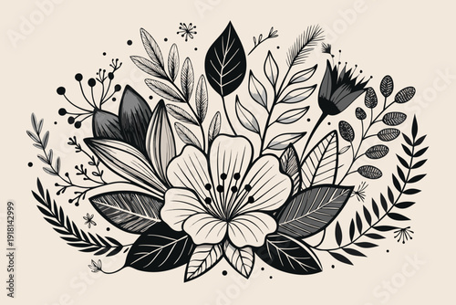 Black and white floral arrangement with leaves and flowers on beige background