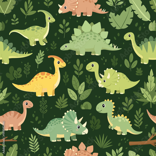 Adorable prehistoric creatures: seamless vector pattern with cute dinosaurs in a lush jungle.