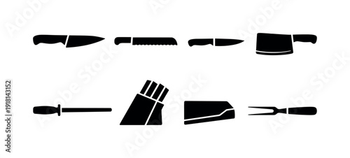 Kitchen knife set essentials: chef knife, bread knife, paring knife, cleaver, honing rod, knife block, blade guard, carving fork