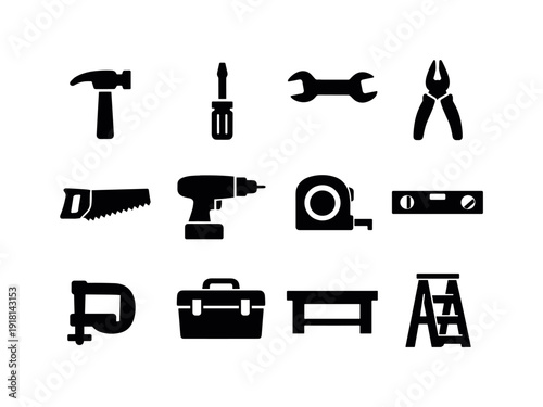 Garage workshop tools: hammer, screwdriver, wrench, pliers, hand saw, drill, tape measure, level, clamp, toolbox, workbench, ladder