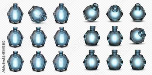 Set of realistic 3D blue glass hexagonal bottles or perfume flasks with reflections and shadows.