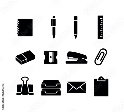 Office desk stationery: notebook, pen, pencil, ruler, eraser, sharpener, stapler, paperclip, binder clip, document tray, envelope, clipboard