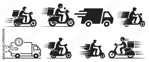 Fast delivery courier on scooter silhouette icons with motion speed lines. vector illustration eps 10