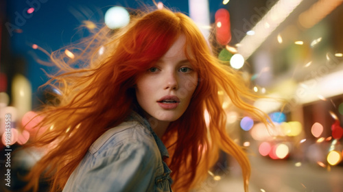 Wallpaper Mural Beautiful Redhead Woman with Flowing Hair in Night City Lights Torontodigital.ca