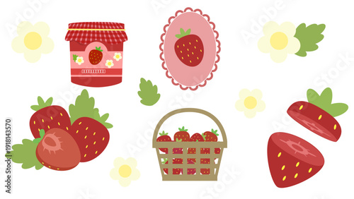 Set of Strawberry flower Strawberry in basket Jam.