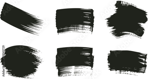 Black paint brush stroke vector set, artistic grunge ink textures for creative background and abstract design