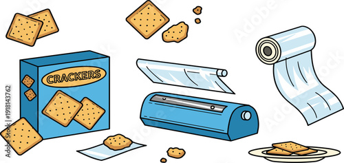 Food packaging and storage set with crackers box, plastic wrap dispenser and parchment paper roll on white background.