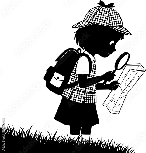 Silhouette of a curious child detective with a magnifying glass and map, little explorer investigating outdoors vector illustration.