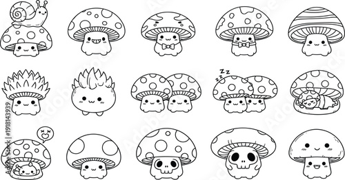 Kawaii mushroom characters set with cute fungus icons, snail on mushroom, sleeping mushroom and skull icons on white background.