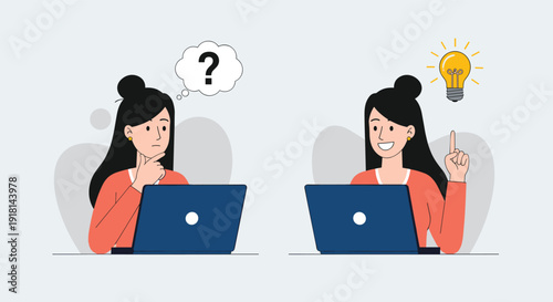 Confused person with laptop, problem solving, idea light bulb, learning process illustration, flavector design