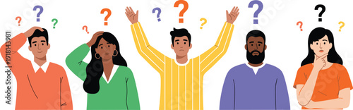 Confused people with question marks above heads, uncertainty, decision-making, problem-solving illustration concept - flavector