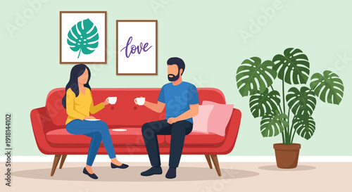 Couple drinking coffee at home, cozy living room conversation, relationship lifestyle moment, flat vector illustration