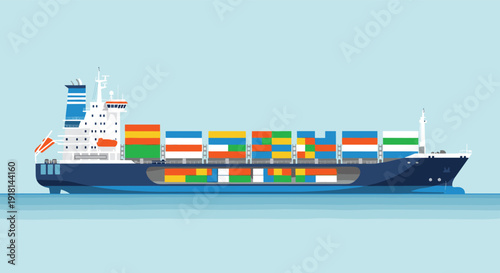 Container cargo ship illustration with colorful freight boxes ocean shipping logistics transportation flat vector