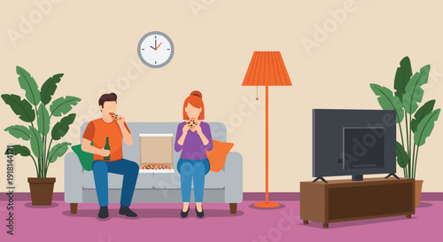 Couple eating pizza at home, cozy living room interior, casual lifestyle moment, flat vector illustration