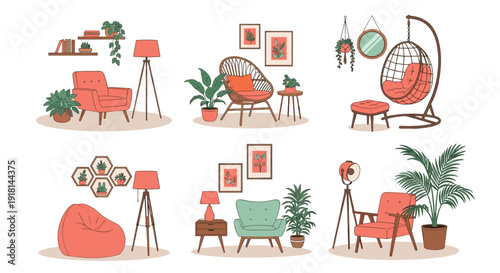 Cozy indoor seating arrangements with chairs, lamps, plants, wall art, warm inviting home decor - flavector